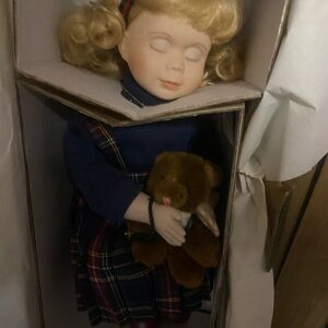 Blonde Porcelain Doll with Teddy Bear